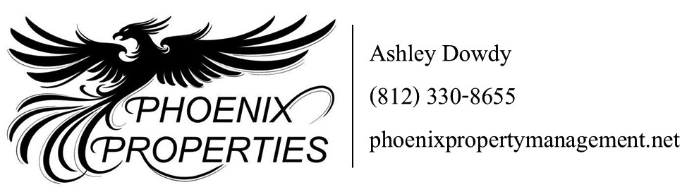 Phoenix Properties logo featuring a stylized phoenix bird with contact information for Ashley Dowdy and phoenixpropertymanagement.net